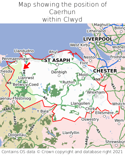 Map showing location of Caerhun within Clwyd