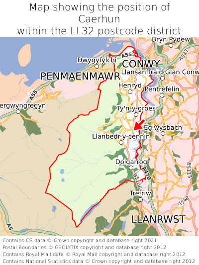 Map showing location of Caerhun within LL32