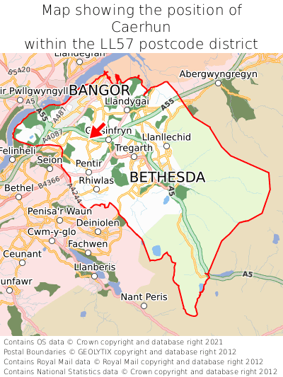 Map showing location of Caerhun within LL57
