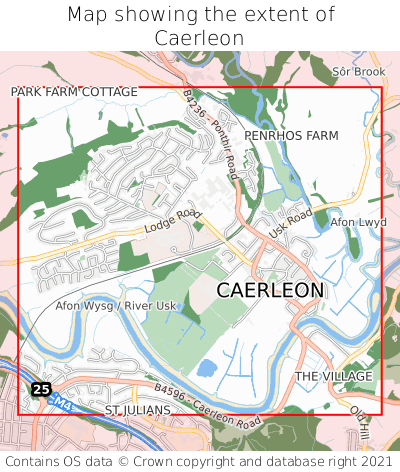 Map showing extent of Caerleon as bounding box