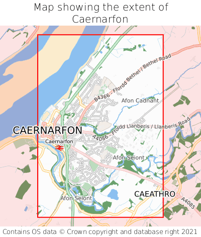 Map showing extent of Caernarfon as bounding box