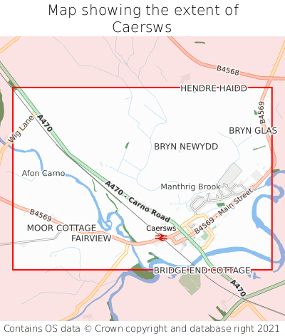 Map showing extent of Caersws as bounding box