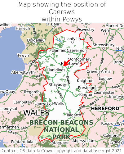 Map showing location of Caersws within Powys