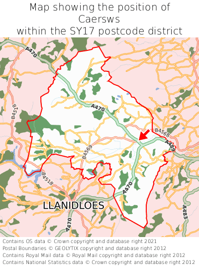 Map showing location of Caersws within SY17