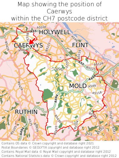 Map showing location of Caerwys within CH7