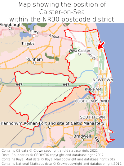 Map showing location of Caister-on-Sea within NR30