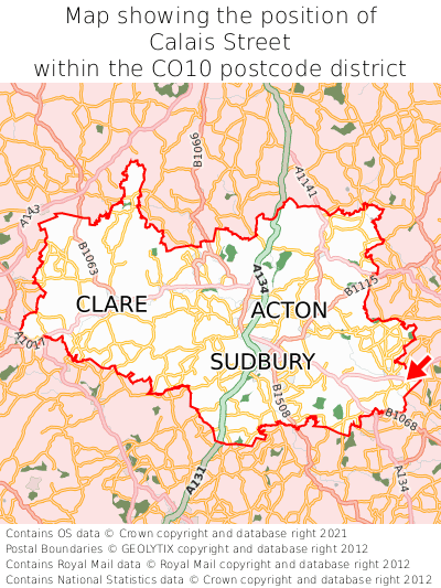 Map showing location of Calais Street within CO10