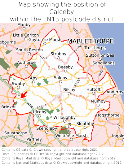 Map showing location of Calceby within LN13
