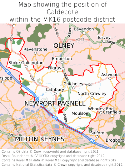Map showing location of Caldecote within MK16