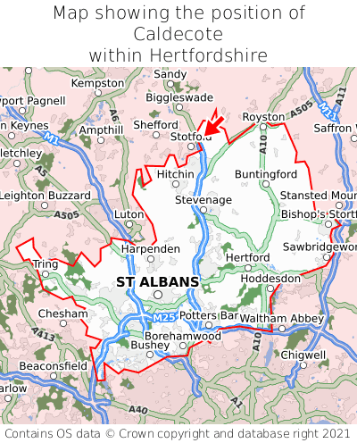 Map showing location of Caldecote within Hertfordshire