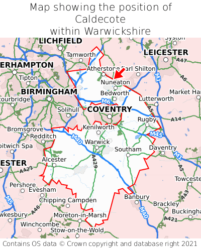 Map showing location of Caldecote within Warwickshire