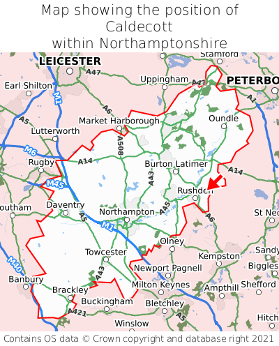 Map showing location of Caldecott within Northamptonshire