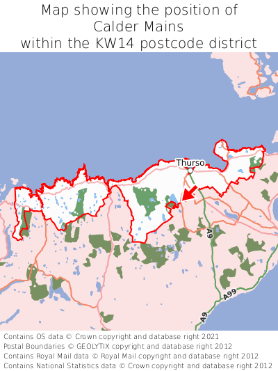 Map showing location of Calder Mains within KW14