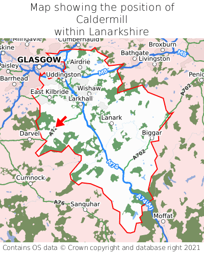 Map showing location of Caldermill within Lanarkshire