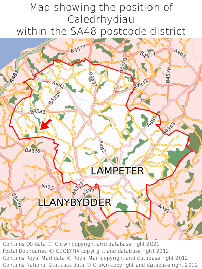 Map showing location of Caledrhydiau within SA48