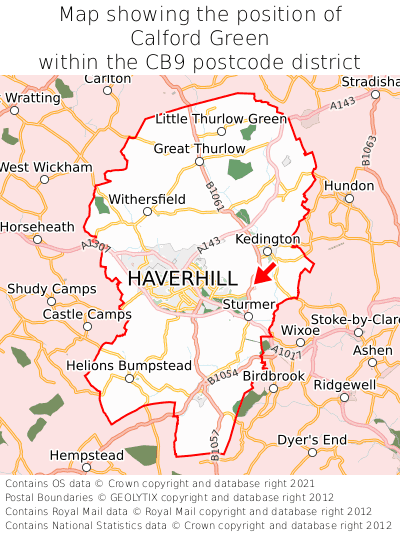 Map showing location of Calford Green within CB9