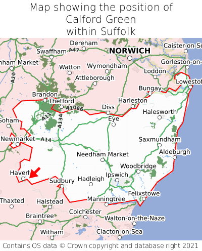 Map showing location of Calford Green within Suffolk