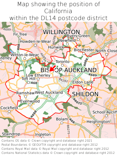 Map showing location of California within DL14