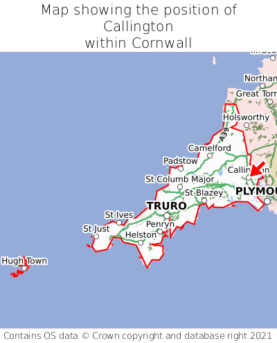 Map showing location of Callington within Cornwall