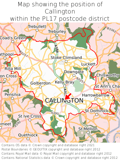 Map showing location of Callington within PL17