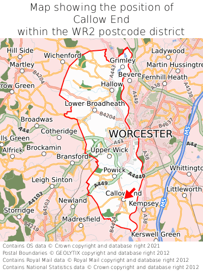 Map showing location of Callow End within WR2