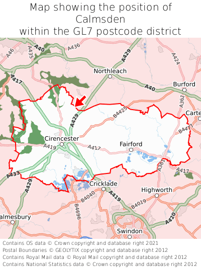 Map showing location of Calmsden within GL7