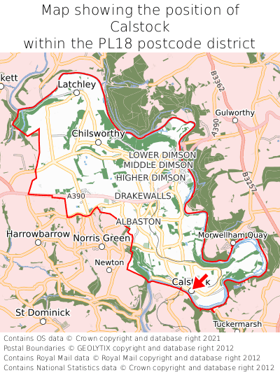 Map showing location of Calstock within PL18