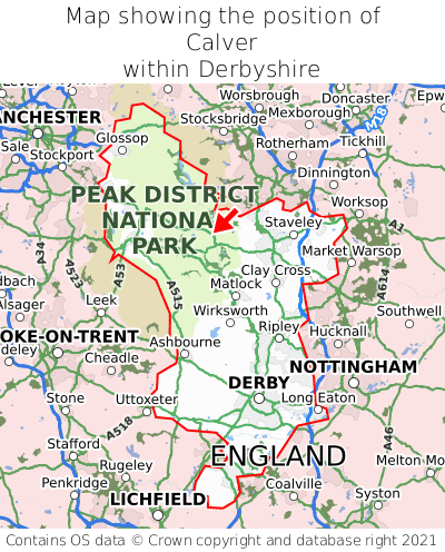 Map showing location of Calver within Derbyshire