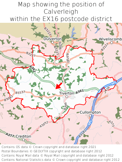 Map showing location of Calverleigh within EX16