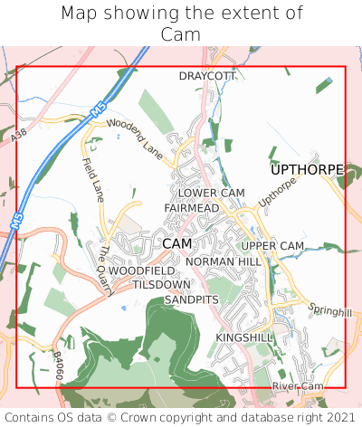 Map showing extent of Cam as bounding box