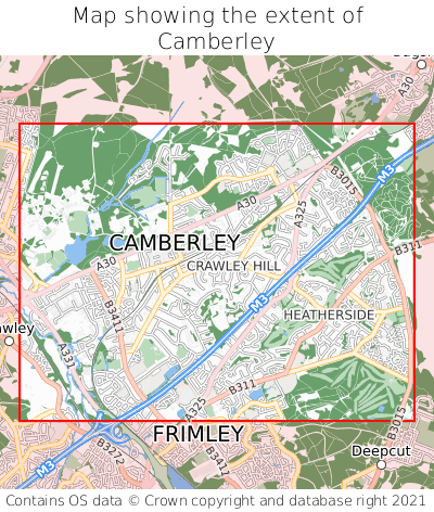 Map showing extent of Camberley as bounding box