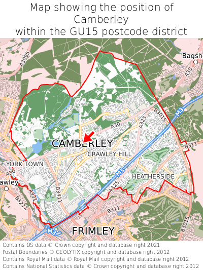 Map showing location of Camberley within GU15