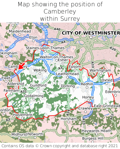 Map showing location of Camberley within Surrey