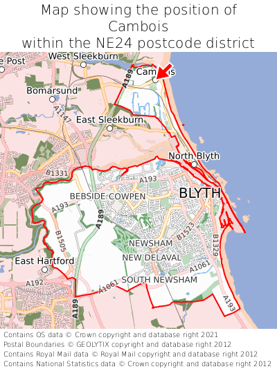 Map showing location of Cambois within NE24