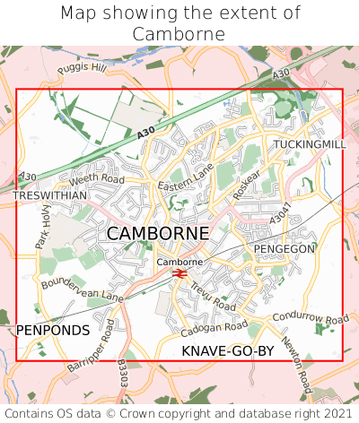 Map showing extent of Camborne as bounding box