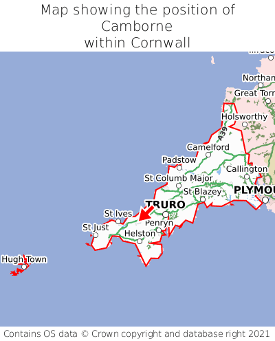 Map showing location of Camborne within Cornwall