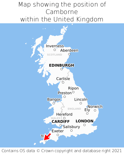 Map showing location of Camborne within the UK