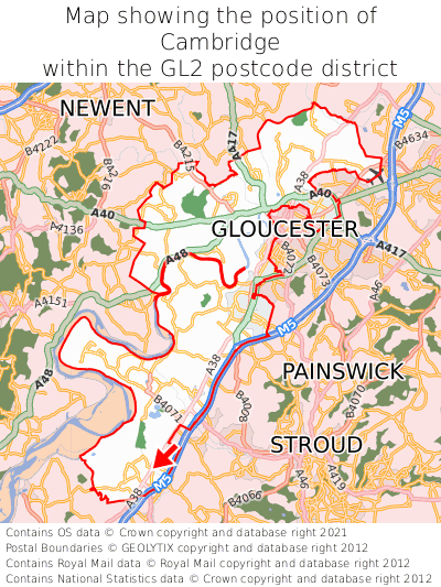 Map showing location of Cambridge within GL2