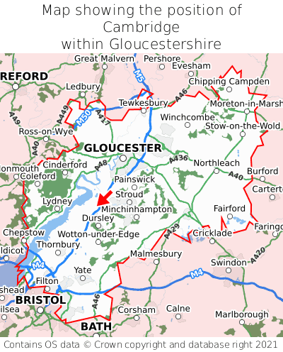 Map showing location of Cambridge within Gloucestershire