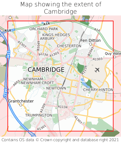 Map showing extent of Cambridge as bounding box