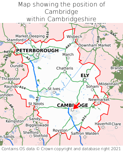 Map showing location of Cambridge within Cambridgeshire