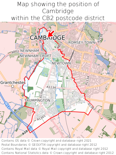 Map showing location of Cambridge within CB2