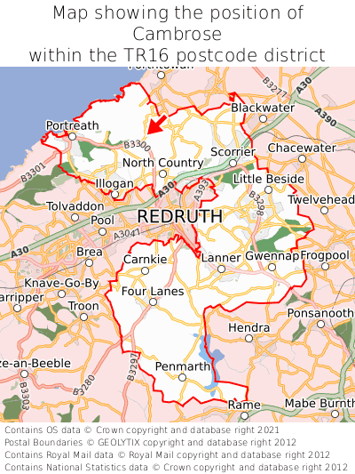 Map showing location of Cambrose within TR16