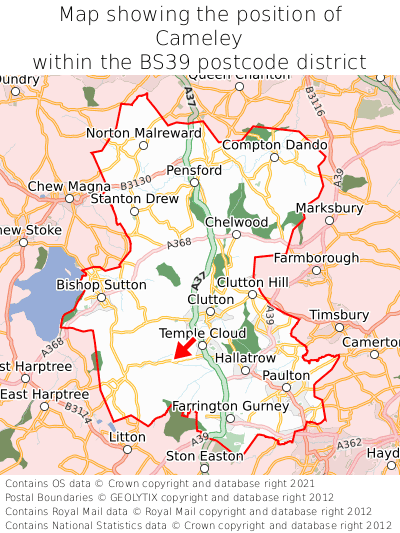 Map showing location of Cameley within BS39
