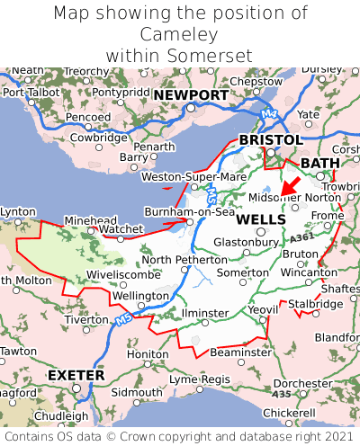Map showing location of Cameley within Somerset