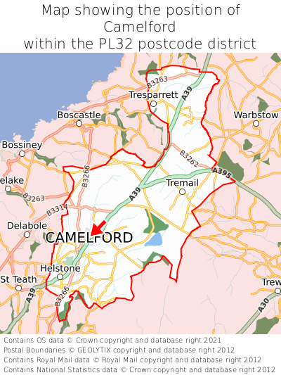 Map showing location of Camelford within PL32