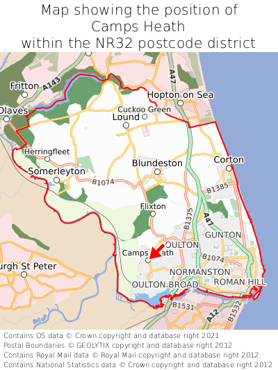 Map showing location of Camps Heath within NR32