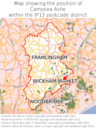 Map showing location of Campsea Ashe within IP13