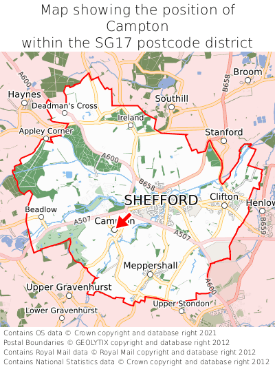 Map showing location of Campton within SG17