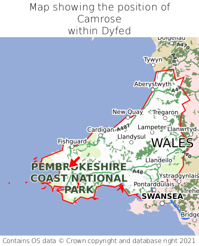 Map showing location of Camrose within Dyfed